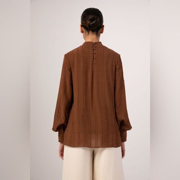 VEILED New York Textured Rayon Balloon Sleeve Blouse - Brown Cocoa - Picture 2 of 15